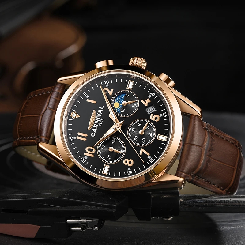 Smartwatch Watches For Men Brands - Carnival Brand Luxury Leather Chronograph Quartz